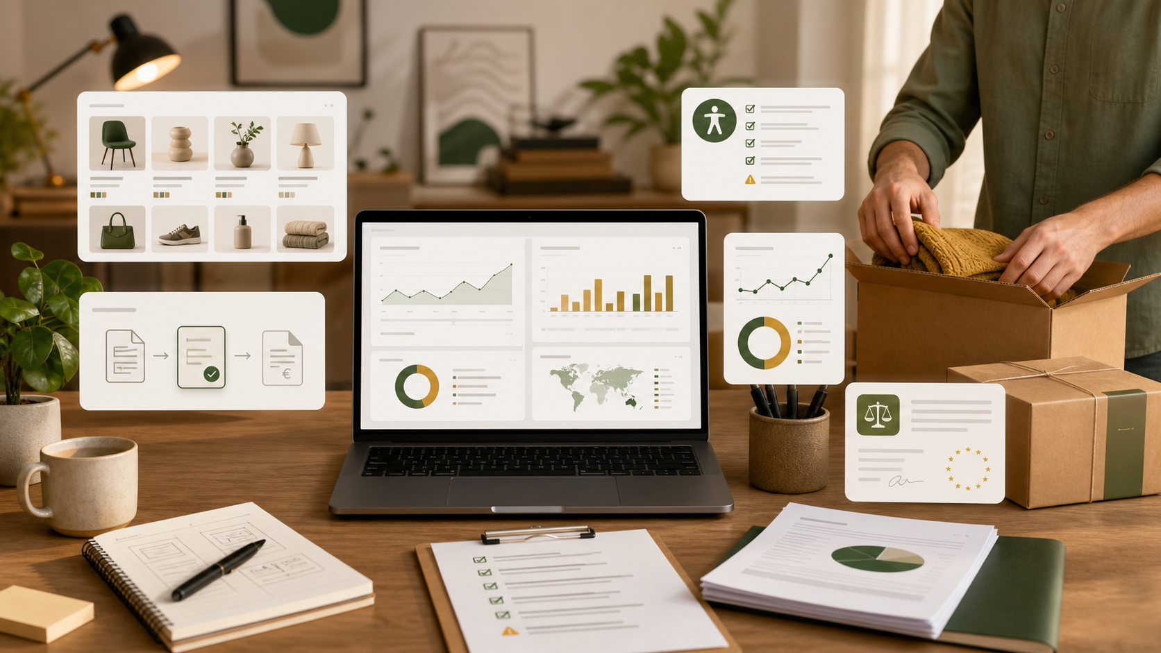 Poste de travail e-commerce avec tableau de bord, contrôle d’accessibilité, flux de facturation et préparation logistique