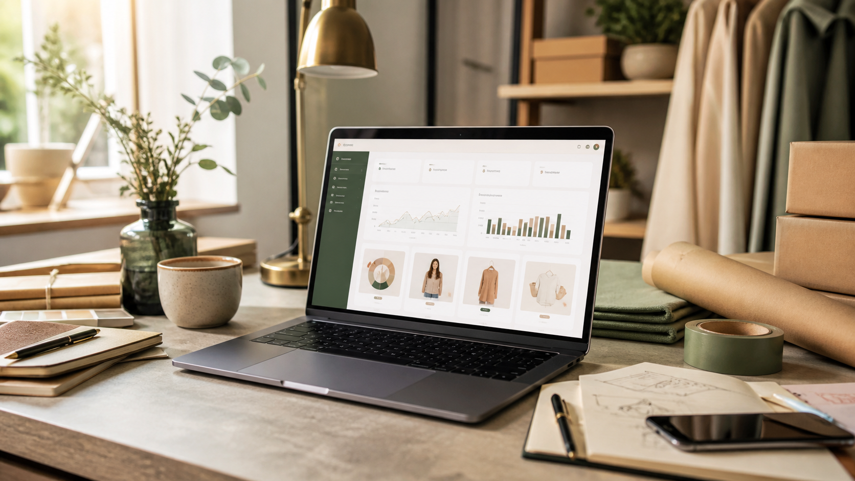 Espace de travail e-commerce avec ordinateur portable, indicateurs de vente et préparation de commandes