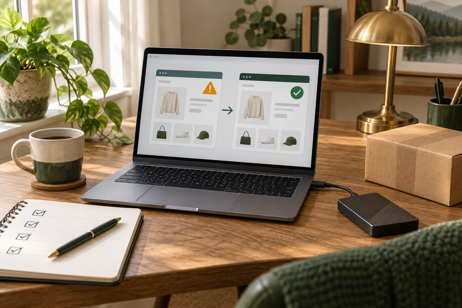Ordinateur présentant deux contrôles de boutique en ligne, avec disque de sauvegarde et checklist sur un bureau chaleureux