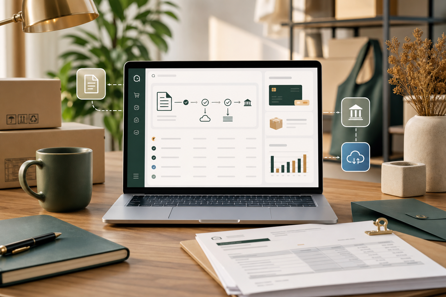 Poste de travail e-commerce avec ordinateur portable, flux de facture électronique, livraison et transmission sécurisée de données