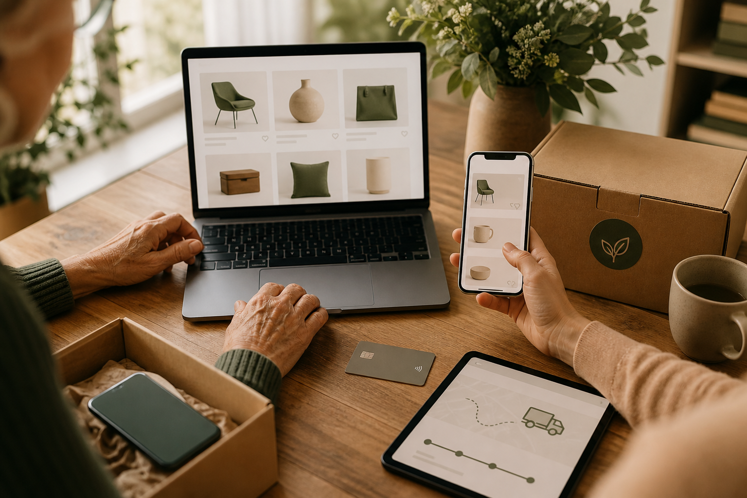 Achats en ligne sur ordinateur et smartphone avec colis prêt à être expédié dans un environnement domestique chaleureux