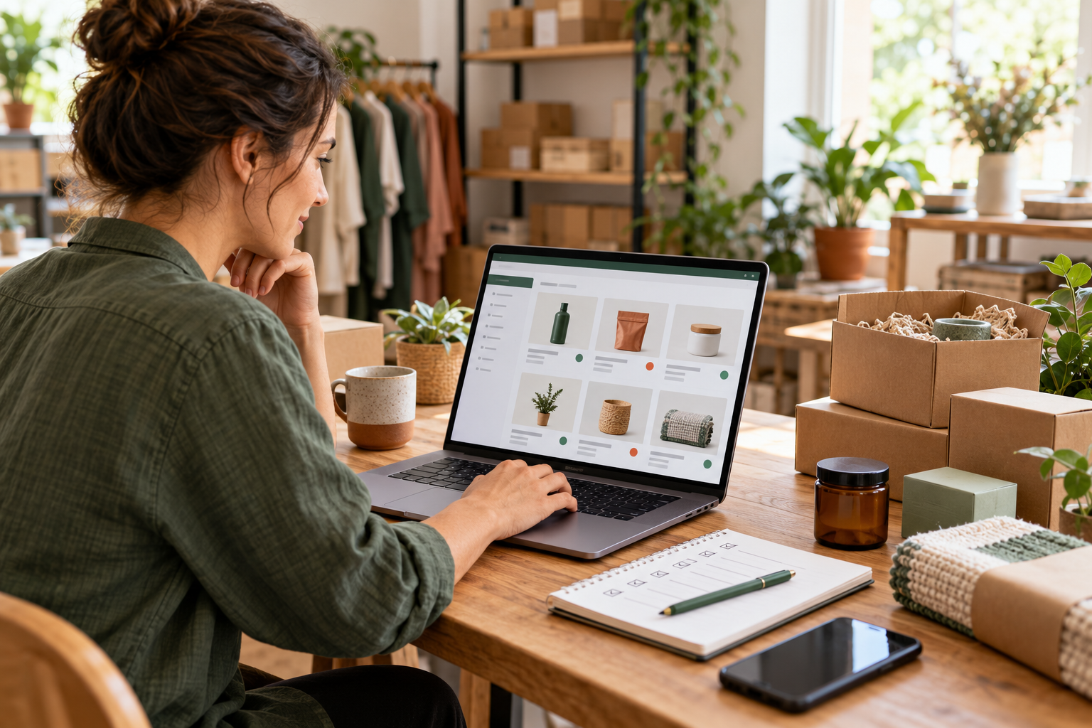Commerçante organisant un catalogue produit sur son ordinateur dans son atelier
