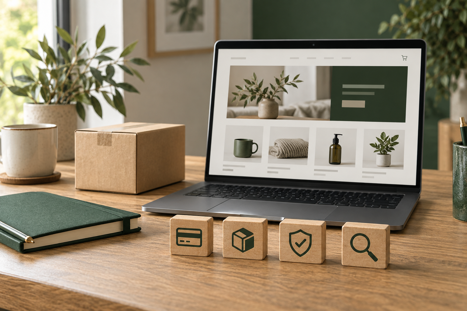 Boutique en ligne sur ordinateur et blocs en bois illustrant paiement, livraison, sécurité et recherche sur un bureau chaleureux