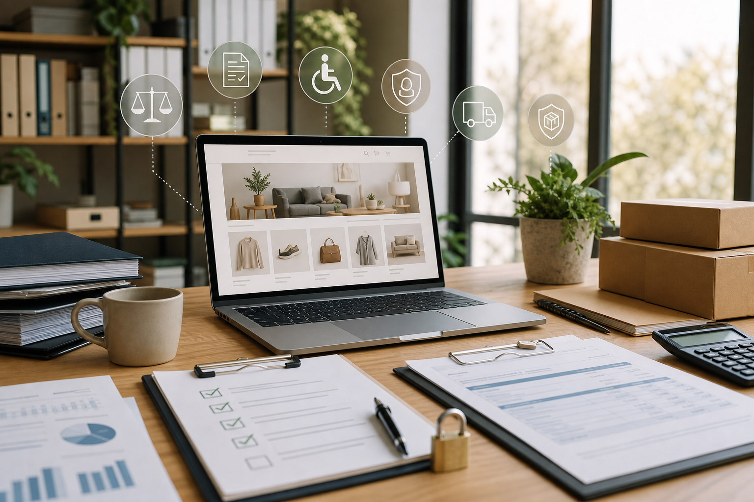 Bureau e-commerce avec boutique en ligne, checklists de conformité, facture électronique et icônes d'accessibilité, confidentialité, livraison et sécurité produit
