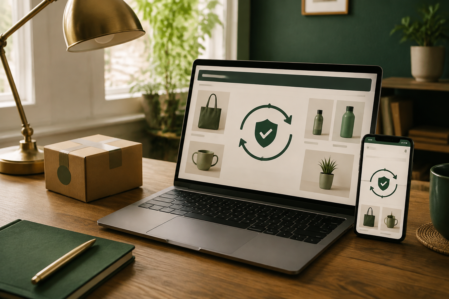 Boutique en ligne sur ordinateur et smartphone avec symbole de mise à jour et bouclier de sécurité, sur un bureau chaleureux