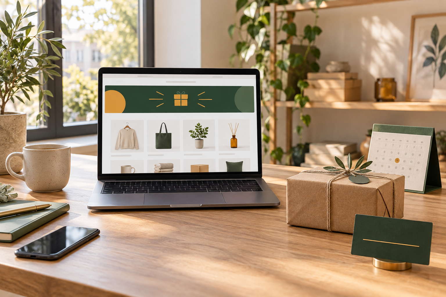 Ordinateur montrant une boutique avec bandeau promotionnel, colis et calendrier sur un bureau chaleureux