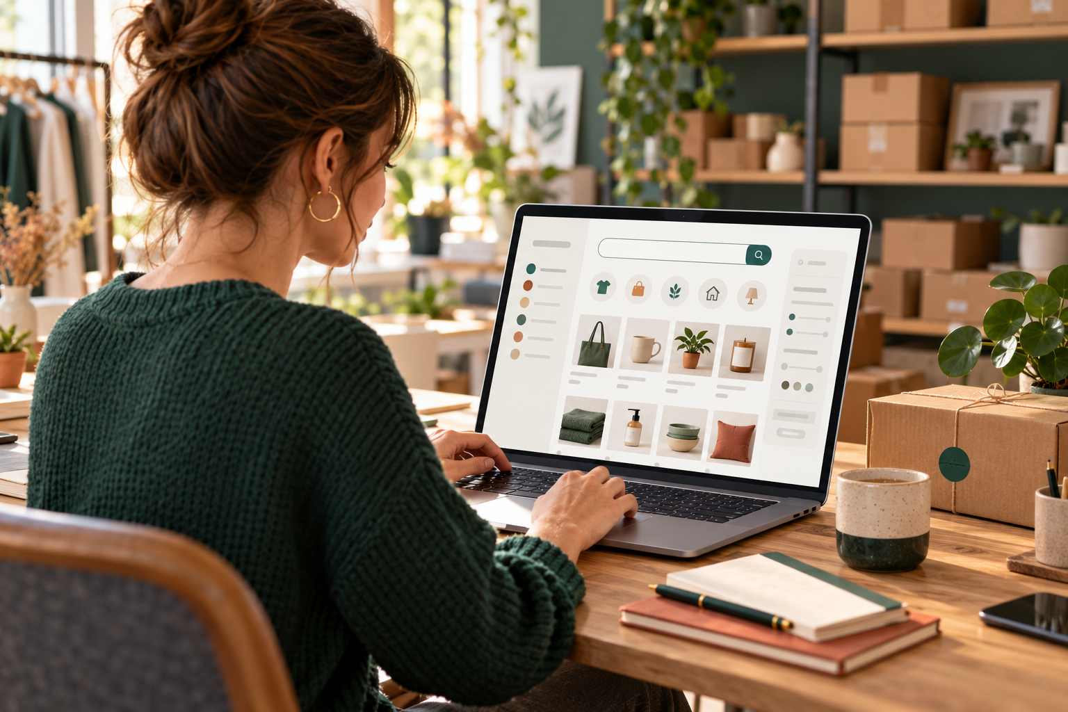 Commerçante utilisant une recherche de produits rapide sur son ordinateur portable