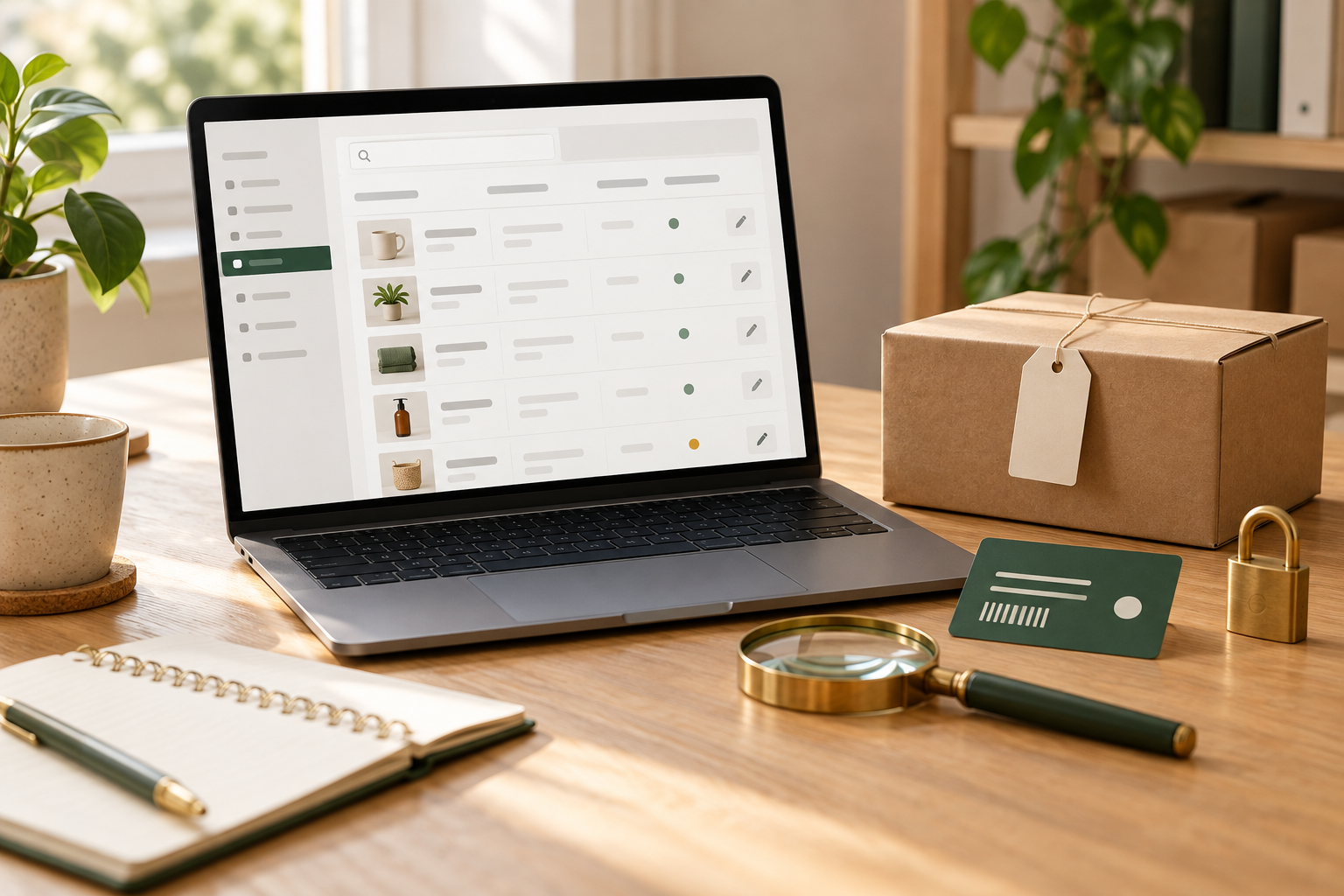 Ordinateur avec catalogue produit, colis, étiquette vierge, loupe et cadenas sur un bureau chaleureux