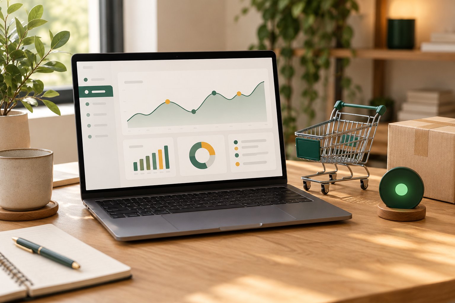 Ordinateur affichant un tableau de bord e-commerce abstrait, chariot et colis sur un bureau lumineux
