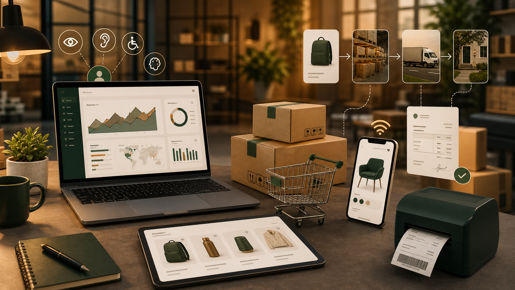 Poste de travail e-commerce avec analyse de ventes, logistique, accessibilité et facturation